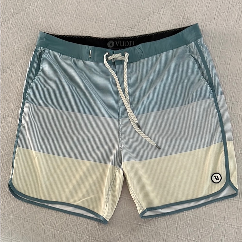 Vuori Men's Cruise Boardshort Striped Aqua and Cream Board Shorts size 38